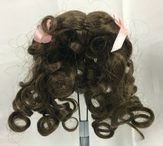 Vintage Doll Wig Size 8 Long Brown Curls Brunette Curled Bangs Pink Ribbon Bows