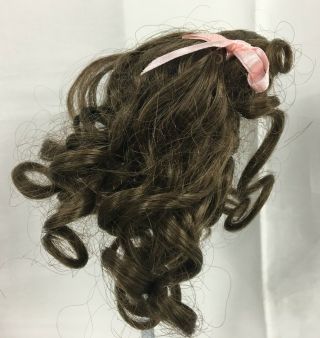 Vintage Doll Wig Size 8 Long Brown Curls Brunette Curled Bangs Pink Ribbon Bows 2