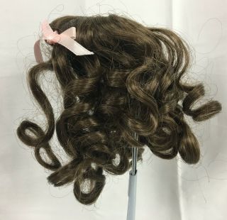 Vintage Doll Wig Size 8 Long Brown Curls Brunette Curled Bangs Pink Ribbon Bows 4