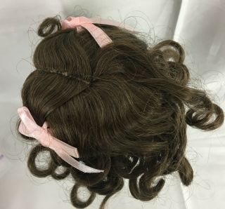 Vintage Doll Wig Size 8 Long Brown Curls Brunette Curled Bangs Pink Ribbon Bows 5