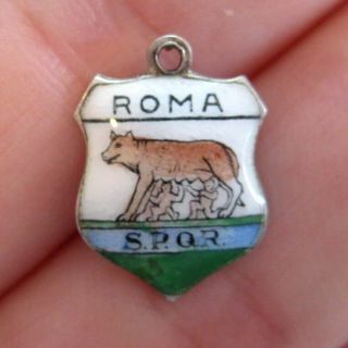 Vintage 835 Silver Enamel Rome Souvenir Shield Bracelet Charm Romulus & Remus
