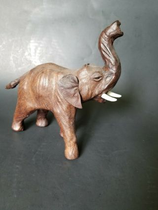 Vintage Leather Wrapped Paper Mache Elephant Statue Figurine Sculpture Glass Eye
