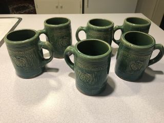 6 Vintage Mccoy Pottery Green Grape Mugs Tankards Stoneware Salt Glaze