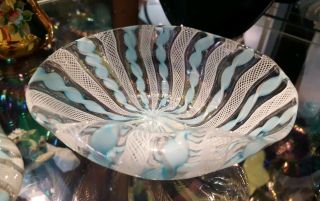 Vtg Murano Italian Art Glass Bowl Latticino Blue Gold Flecks