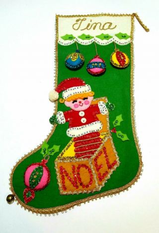 Vintage Bucilla Santa Jack - In - A - Box Jeweled Christmas Stocking With Name " Tina "