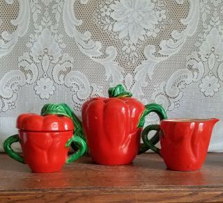 Vintage Figural Tomato Three Piece Teapot Sugar Bowl & Creamer Set Made In Japa