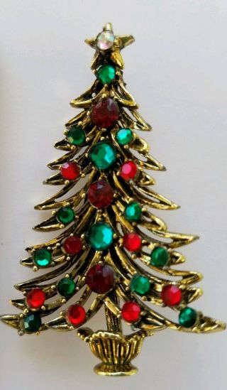 Vtg Signed Hollycraft Christmas Tree Rhinestone Brooch Pin Old Retro