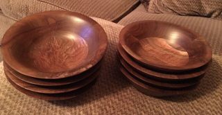 Vintage Set Of 8 Wooden Walnut Bowl Set Salad Serving Bowls 6.  5”