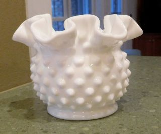 Fenton 3 " Hobnail Rose Bowl White Milk Glass Vintage Ruffled Crimped Rim Vtg