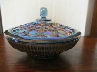 Vintage Blue Iridescent " Windsor " Carnival Glass Lidded Candy Dish