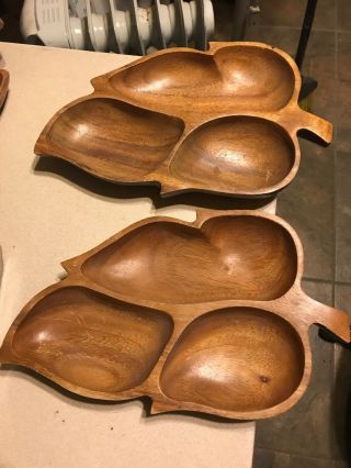 Vintage Monkey Pod Wood Leaf Shaped Serving Trays - Made In Philippines