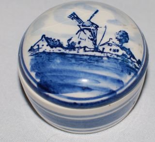 Vintage Delft Holland Porcelain Blue White Trinket Pill Box Windmill Art 2.  5 Ag