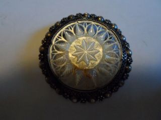 Vintage Detail Silver & Intricately Hand Carved Mother Of Pearl Brooch