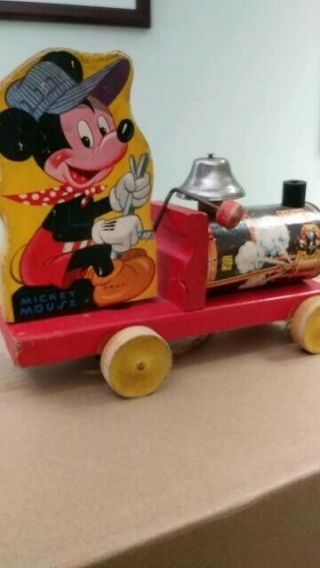 Vintage Mickey Mouse No 485 Choo - Choo Train Pull Toy Fisher Price Bell Disney