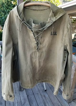 Vintage Wwii Usn Navy Deck Anorak Hooded Foul Weather Pull Over Parka Jacket