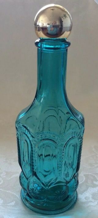 Vtg Avon Mouthwash Bottle,  Turquoise Glass,  Moon & Stars Pattern,  Gold Knob Lid