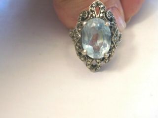 Ladies Vintage Fancy Dressy Ring,  Sterling Silver,  With Large Blue Stone