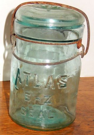 Old Vintage Atlas E - Z Seal Mason Blue One (1) Pint Jar With Wire Bail Closure