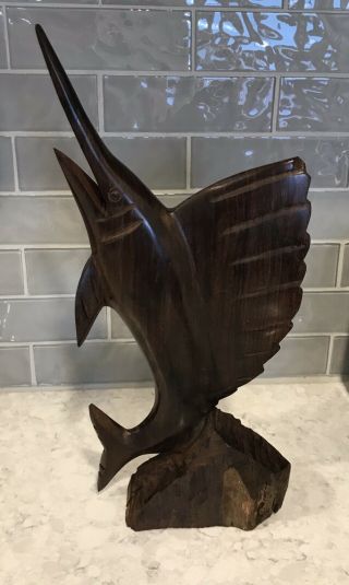 Vintage Hand Carved Dark Brown Wood Sword Fish Statue Figurine Shelf Decor