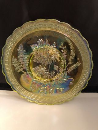 Vintage Elegant Glassware Imperial Glass Vaseline Wild Flower Greek Key Plate