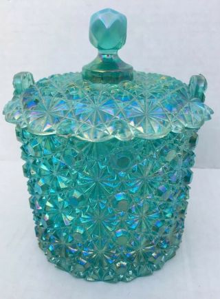 Vintage Fenton Ice Blue Iridescent Carnival Covered Candy Jar Daisy & Button