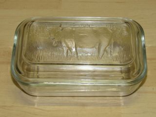 Vintage Glass Covered 1 Lb.  Butter Refrigerator Dish Arcoroc France Cow Pattern