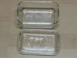 VINTAGE GLASS COVERED 1 LB.  BUTTER REFRIGERATOR DISH ARCOROC FRANCE COW PATTERN 4