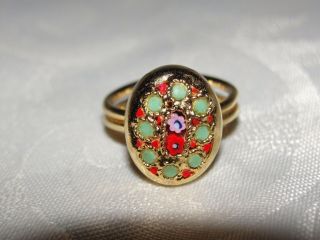 Italy Vintage Micro Mosaic Ring Gold Tone Oval Adjustable Signed " Italy "