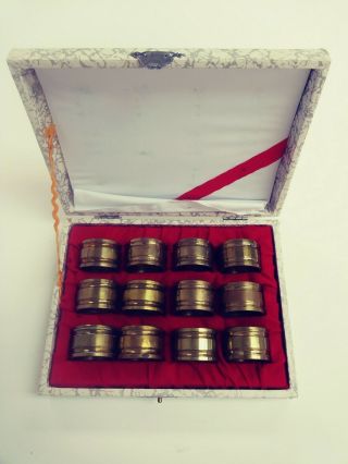 Vintage Set Of 12 Brass Napkin Rings Holders Box Tableware 1.  5 " Dia X 1