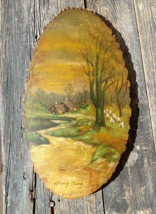 Vintage Peaceful Landscape Oil Painting On Wood,  Tree Trunk Slice Artist Signed