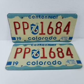 Pair 1975 Vintage Centennial Colorado Usa License Plate Pp - 1684 Red And Blue