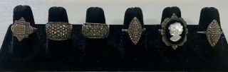Group Of 6 Vintage Sterling Silver & Marcasite Rings.  Total Weight 1.  26 Ozt.