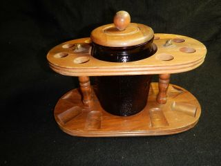 Vintage Wood Pipe Stand Holder For 8 With Glass Humidor