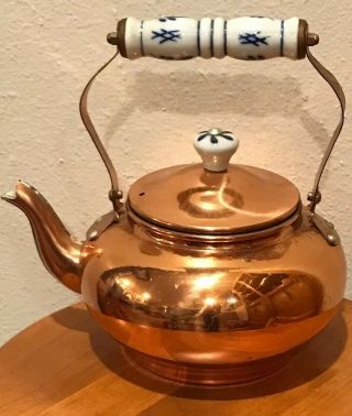 Vintage Copper Teapot Kettle Blue & White Ceramic Handle & Knob On Lid