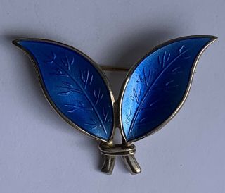 Vintage David Andersen Blue Enamel & Sterling Double Leaf Brooch