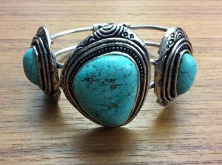 Vintage 1970s Rustic Navajo Bracelet Three Stone Turquoise Mexico