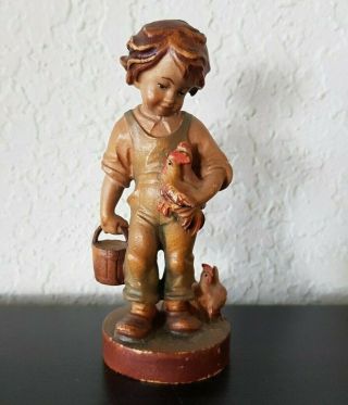 Vintage Wood Carved Boy With Hens Chickens Rooster 4 - 1/2 " Anri?