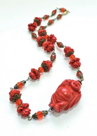 Vintage Carved Red Cinnabar Buddha & Lotus Flowers & Glass Bead Necklace Jn19360