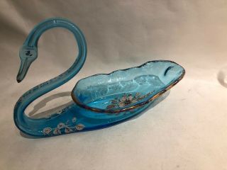 Vintage Depression Era Glass Turquoise Blue Swan Compote Dish Basket Centerpiece