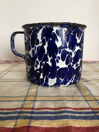 Large Old Vintage Enamelware Cobalt Blue And White Splatterware Cup Mug
