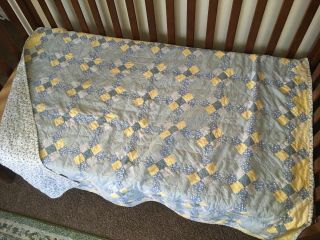 Vintage Handmade Baby Crib Quilt Toddler Bed Floral Patchwork Blue Yellow White