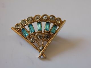 Vintage Brooch Pin Small Gold Tone Fan Crystal Baguette Rhinestones