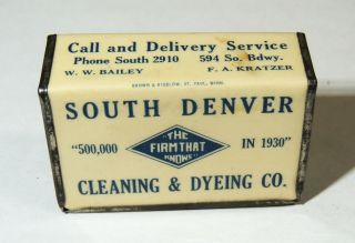 South Denver Co Cleaning & Dyeing Co Celluloid Matchbox Holder Antique Vtg 1930s