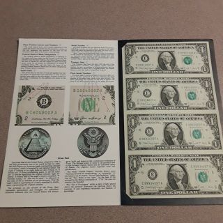Vintage Uncut Sheet Of 4 1988 $1 Dollar Bills Bureau Of Engraving & Printing