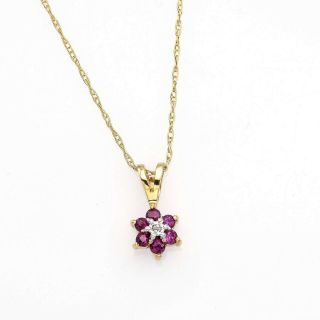 Vintage 14k Yellow Gold 0.  24 Tcw Ruby & Diamond Floral Pendant Necklace 1.  1 Gr