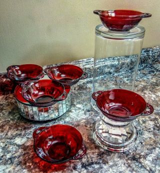 Vintage Set Of 6 Anchor Hocking Coronation Ruby Red Depression Glass Berry Bowls