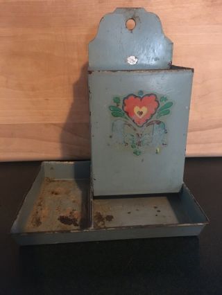 Vintage Shabby Tin Wall Mount Kitchen Matches Match Holder Safe W/ Flower Print