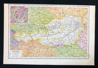 Vintage Map 1920.  Austria,  Inset Of Vienna - Harmsworth 