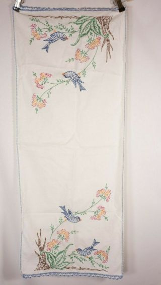 Vintage Embroidered Birds Flowers Table Runner Dresser Scarf Usa