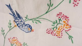 Vintage Embroidered Birds Flowers Table Runner Dresser Scarf USA 2